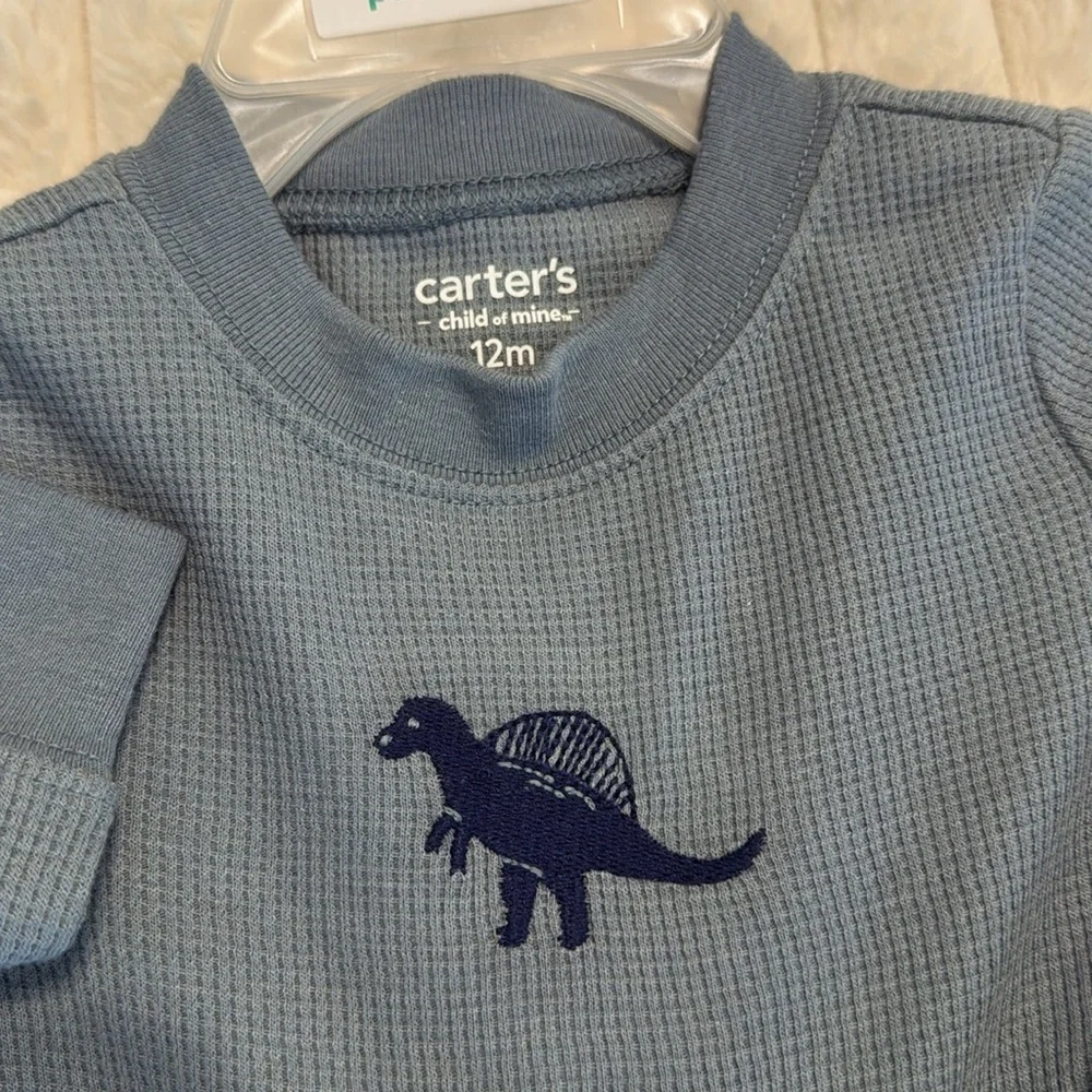 Carter’s Baby Boy Dinosaur 2 Piece Set Blue Waffle Knit Long Sleeve Shirt Pants